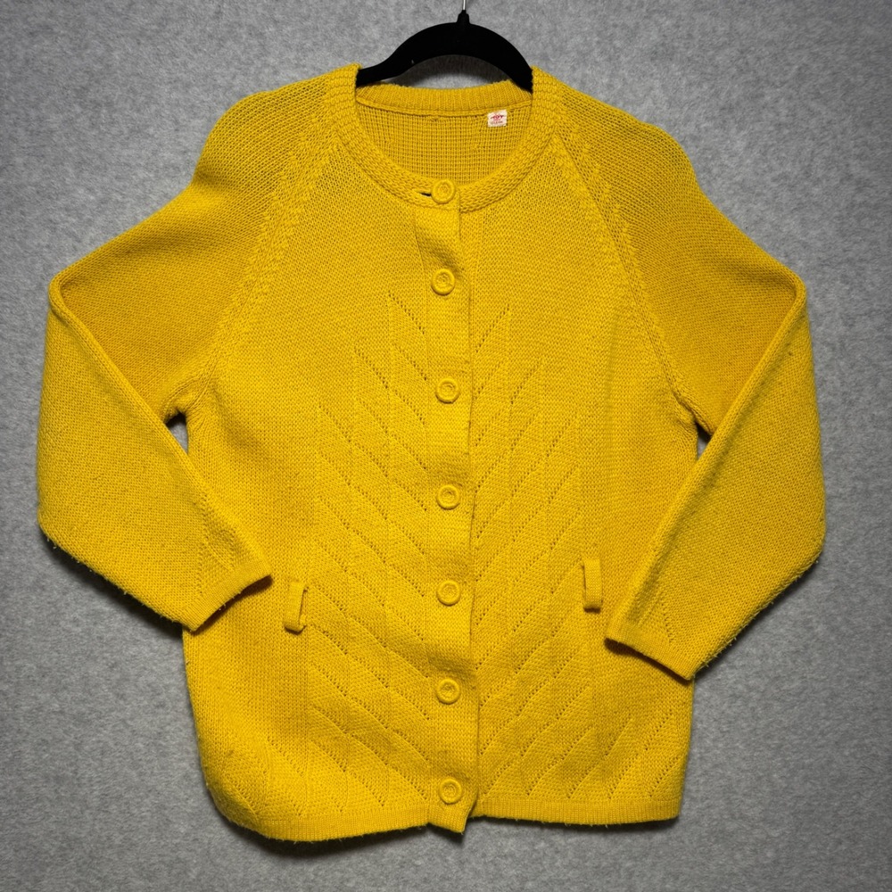 Vintage‎ Yellow Knit Button Front Cardigan Sweater Raglan Sleeve Textured M/L
